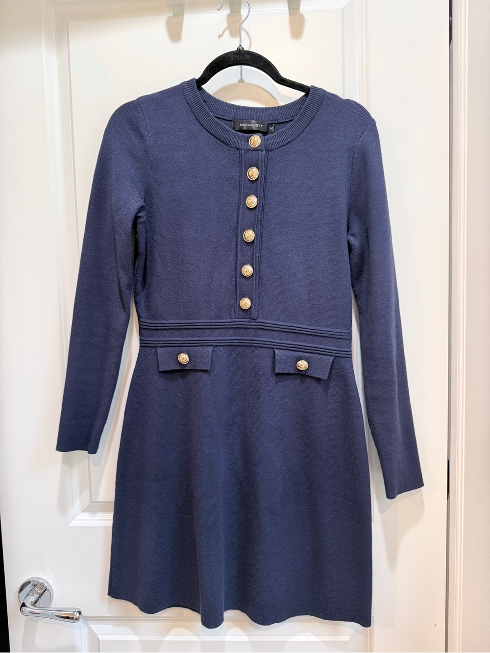 Women's Navy Long-Sleeve Knit Dress with Gold Buttons